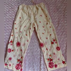 Cream Floral Casual Lounge Pants with Pink Flower Print